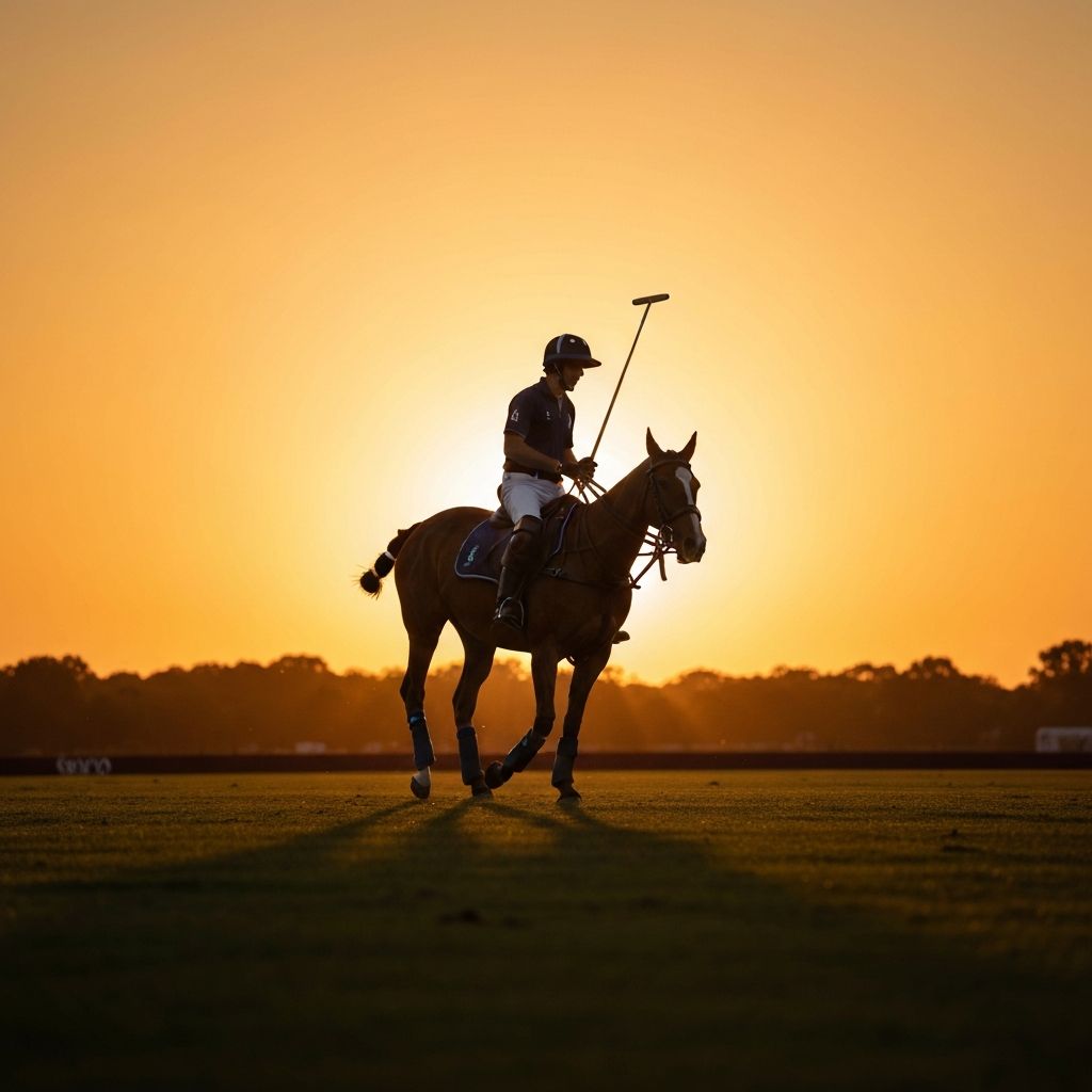 Polo player with horse at sunset